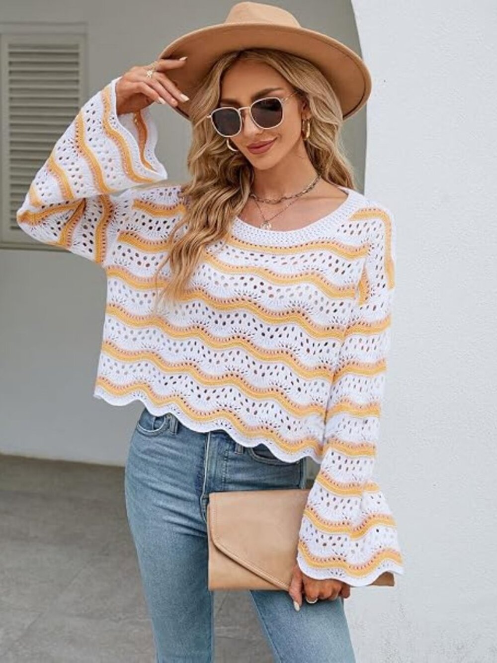 💛 Boho Open Knit Crochet Sweater | Bell Sleeve | White/Mustard | Size L